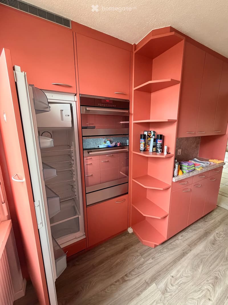 modern kitchen with pink cabinets, open refrigerator, built-in oven, dishwasher, shelves, countertop with cleaning products