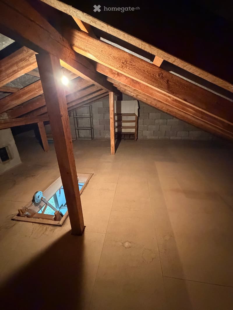 attic room, wooden beams, tiled floor, small window, ladder