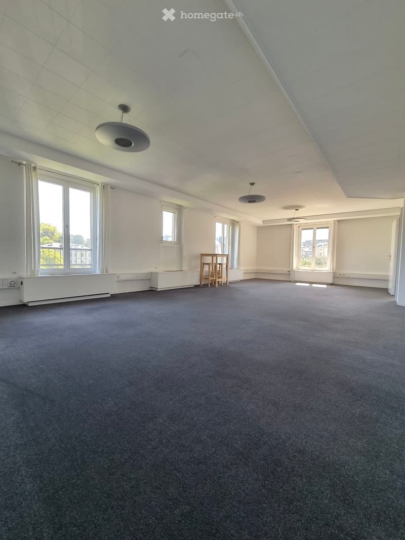 Empty room with grey carpet, white walls, large windows, and modern lighting fixtures.