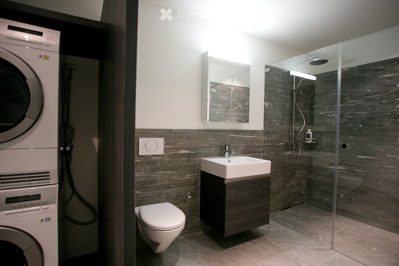 modern bathroom with white toilet, white sink, glass shower enclosure, and a washing machine