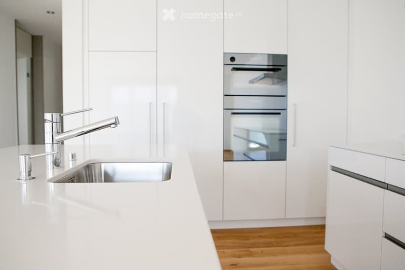 modern kitchen with white cabinets, stainless steel sink, modern faucet, wooden floor, built-in oven