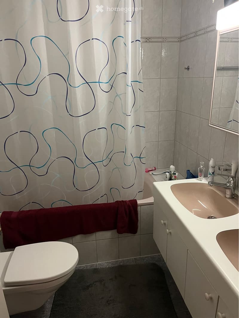 Bathroom with white tiles, white shower curtain, white toilet, double sink, mirror, and towel rack