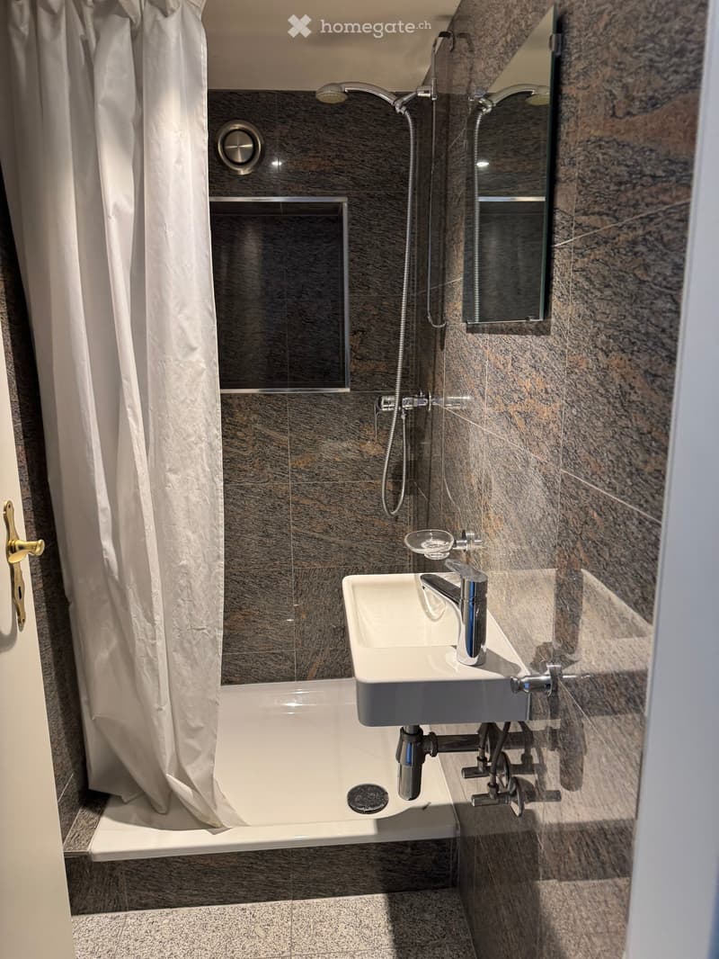 small bathroom with shower, sink, and mirror