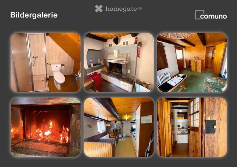 A collage of images showing a bathroom with a toilet and shower, a fireplace, a kitchen with a table and chairs, a living room with a fireplace, a bedroom with a bed, and a hallway with a door.
