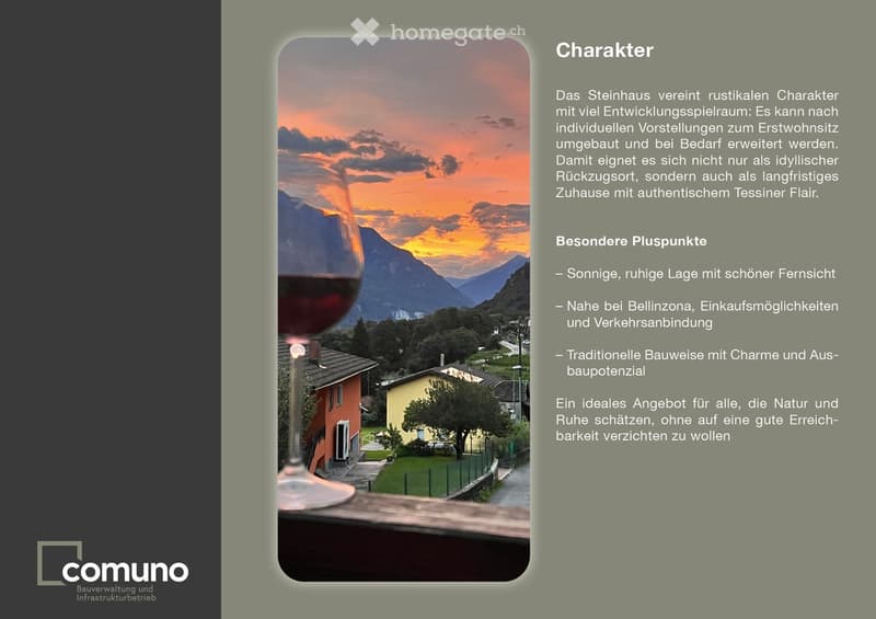 Stone house with traditional architecture, located in a quiet area with a beautiful view of the mountains, near Bellinzona, with potential for expansion.