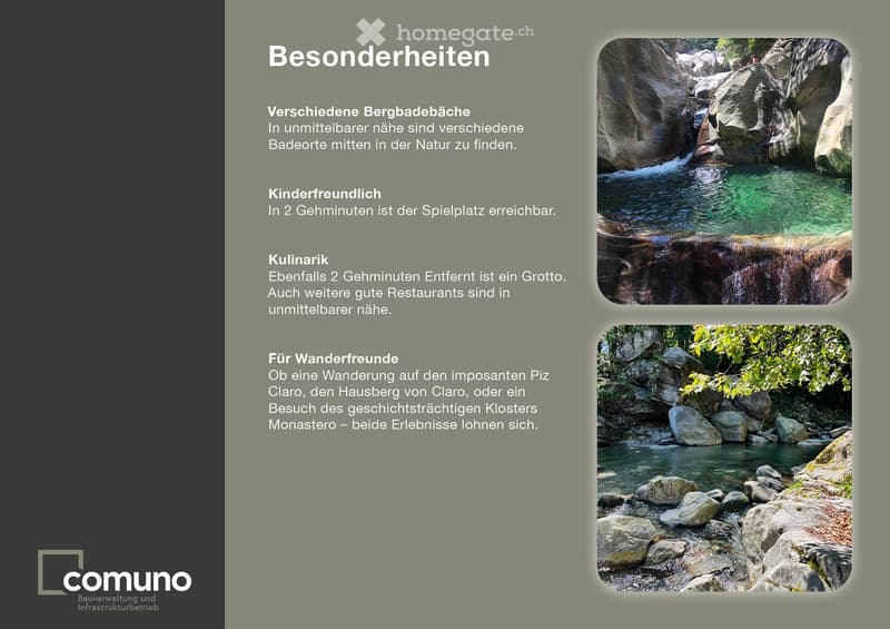 The advertisement describes the features of a location with natural swimming pools, a cave, and a historical monastery.
