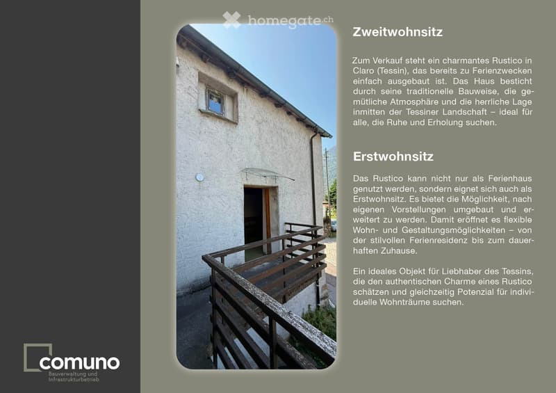 Rustic house, traditional architecture, balcony, stone walls, wooden door, window