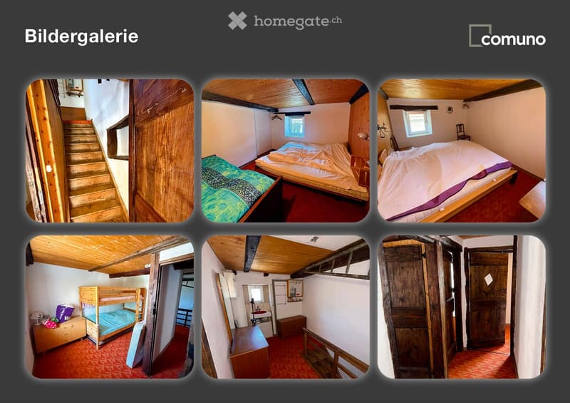 6 images of different rooms in a house, including a bedroom with a bunk bed, a bedroom with a double bed, a bedroom with a single bed, a bathroom with a sink, a wooden door, and a wooden staircase.
