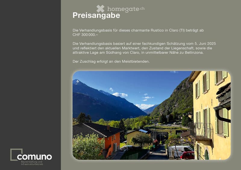 Rustico in Claro, yellow facade, black roof, balcony, mountain view