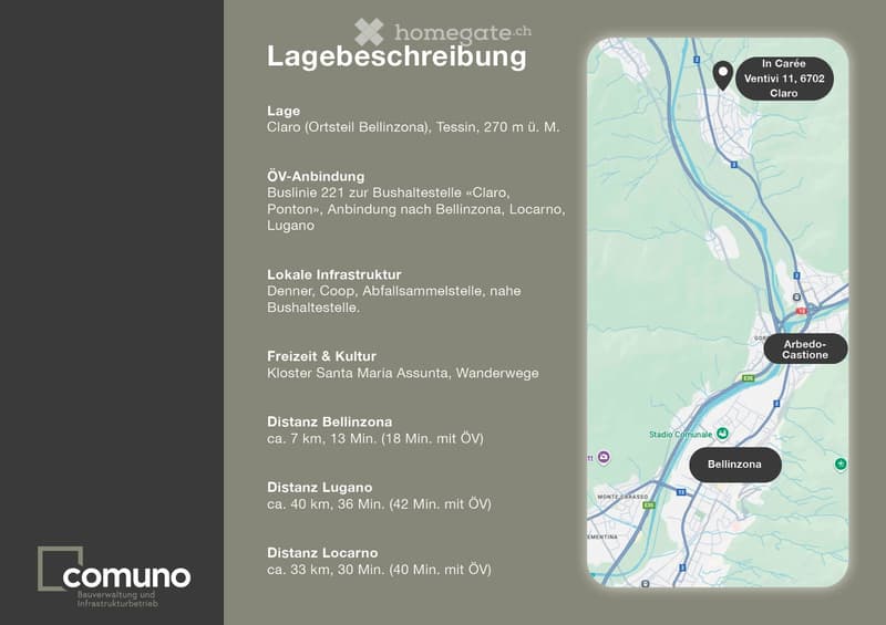 Location description of Claro, a part of Bellinzona, located 270 meters above sea level, with public transportation, local infrastructure, and distances to nearby cities.