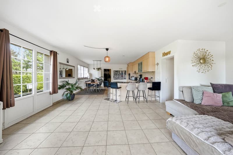 open floor plan, large windows, kitchen island, dining table, bar stools, couch, pillows, rug, plants, ceiling fan, lamps