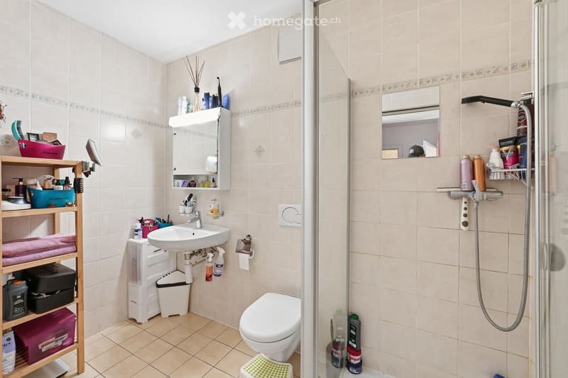 Bathroom with shower, sink, toilet, shelves, and storage boxes
