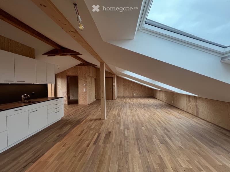 wooden floor, wooden walls, kitchen area, skylight