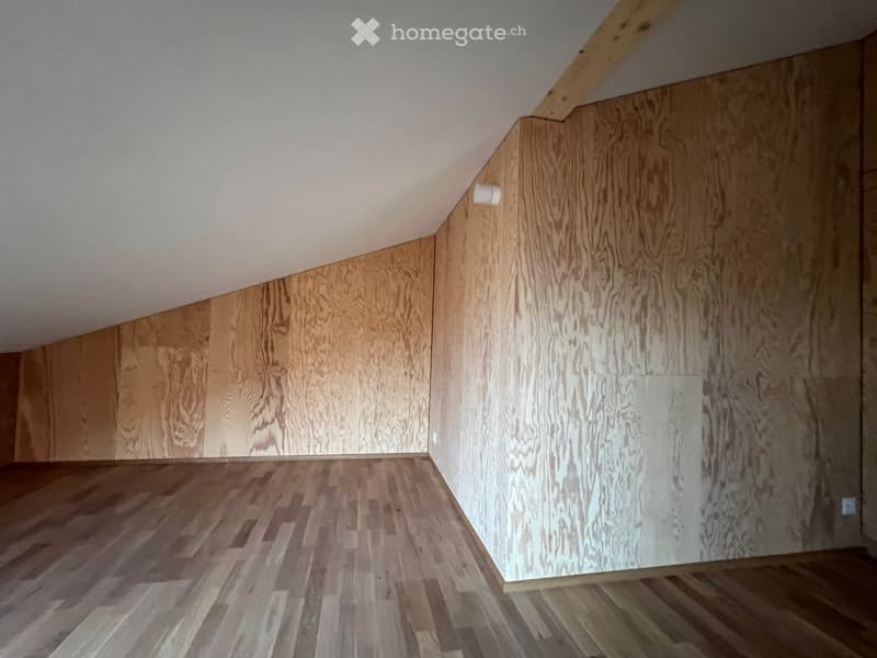 empty room, wooden floor, wooden walls, slanted ceiling
