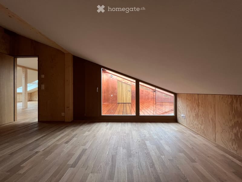 empty room, wooden floor, wooden walls, large window, balcony