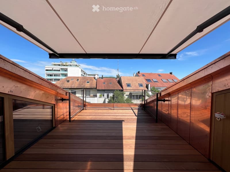 wooden floor, metal railing, retractable roof, view of the city