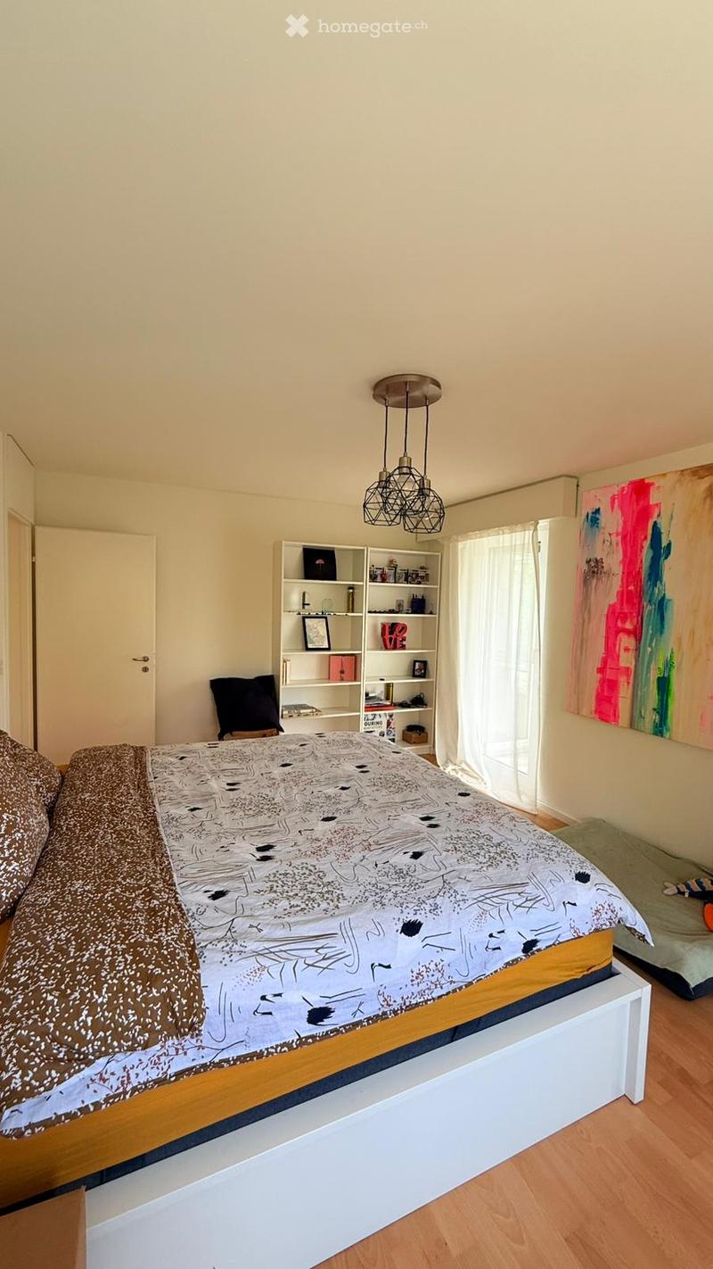 large bed, wooden floor, white walls, white ceiling, white bed frame, white bed sheet, white and brown pillows, white shelf, white door, white curtains, colorful painting, black pillow, hanging lamps