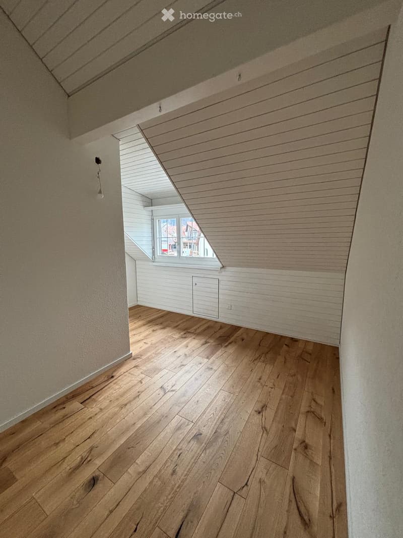 Empty room with wooden floor and attic ceiling, slanted window with external view
