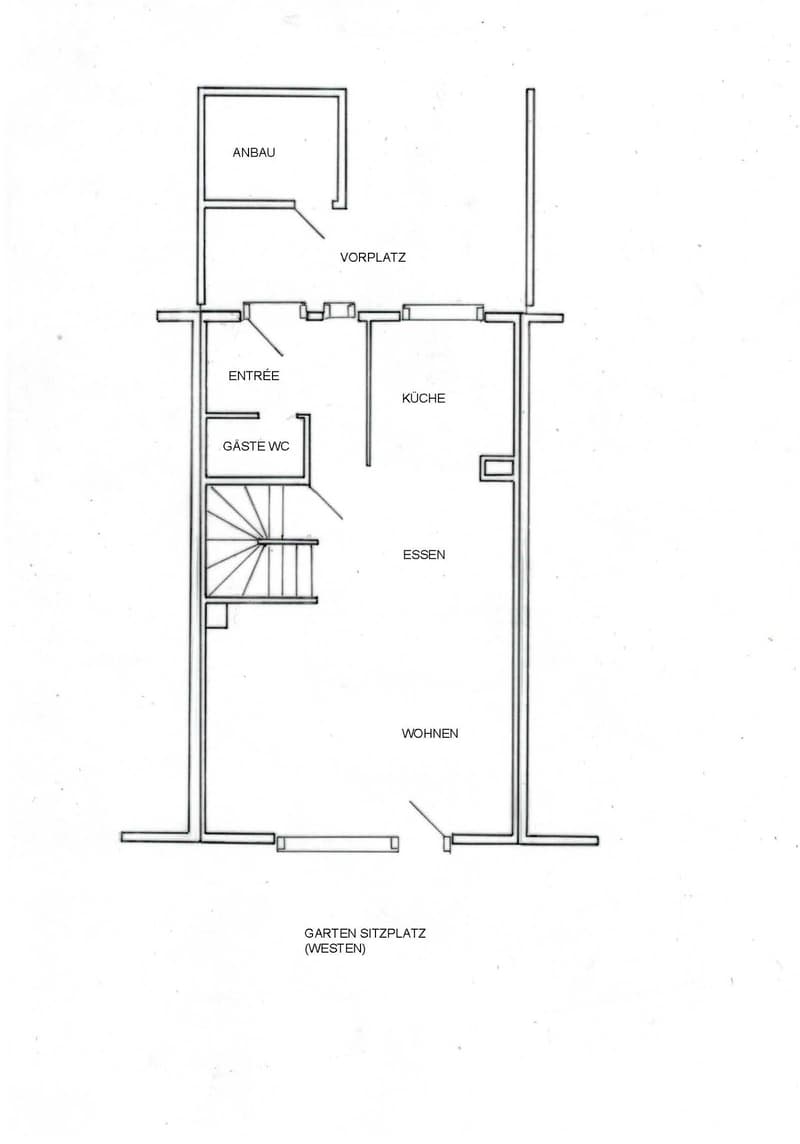 Anbau, Vorplatz, Entree, guest WC, kitchen, stairs, dining room, bedroom, garden seating area