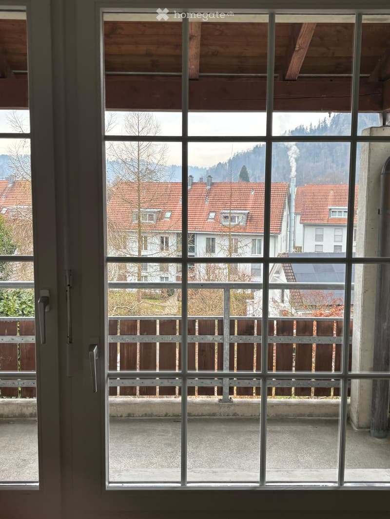 large window with view to terrace and fence, large white building with red roof behind fence