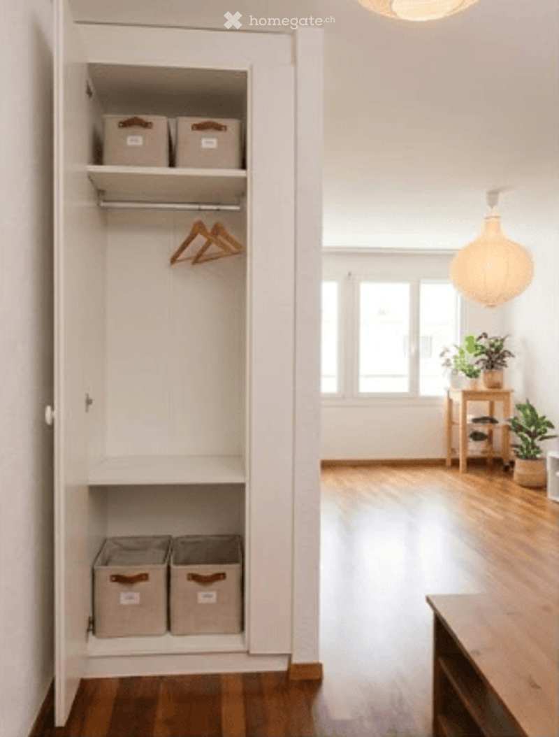 A white wardrobe with three shelves and a hanging rod, wooden floor, white walls, a window with a view of the outside, a wooden table with a potted plant, and a lamp hanging from the ceiling.