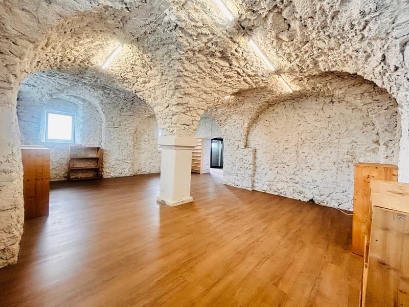 empty room with arched ceiling, wooden floor, and stone walls