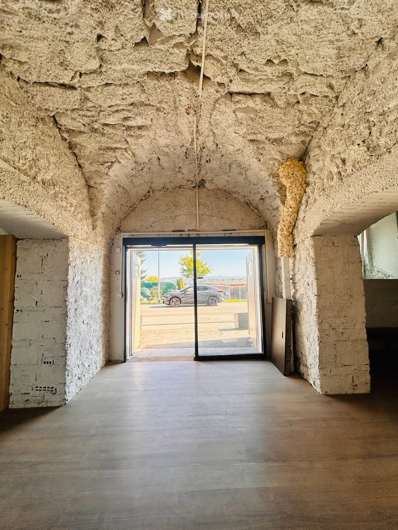 Corridor with walls and ceiling made of clay, arched glass entrance