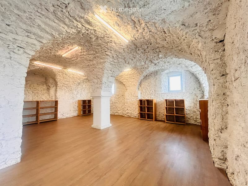 stone walls, wooden floor, wooden shelves, arches, lights