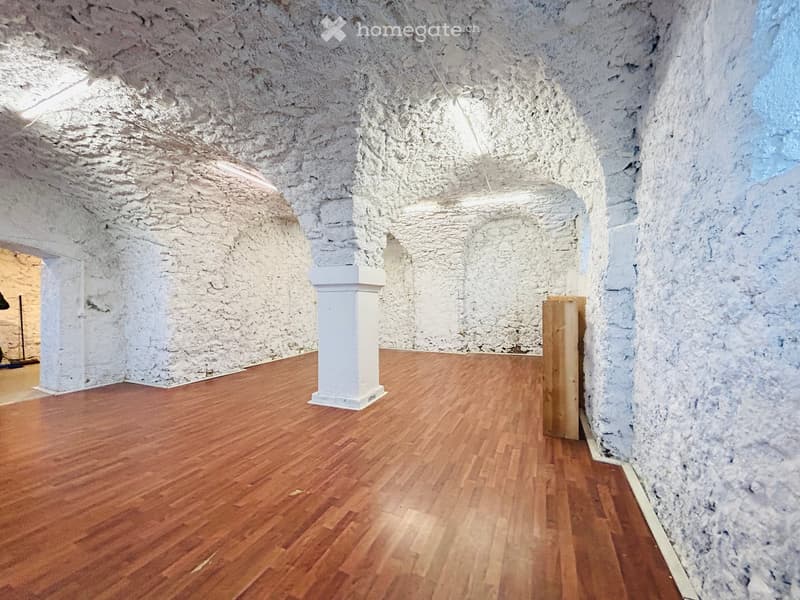 vaulted ceiling, hardwood floor, white stucco walls, square column, arched openings, ceiling lights