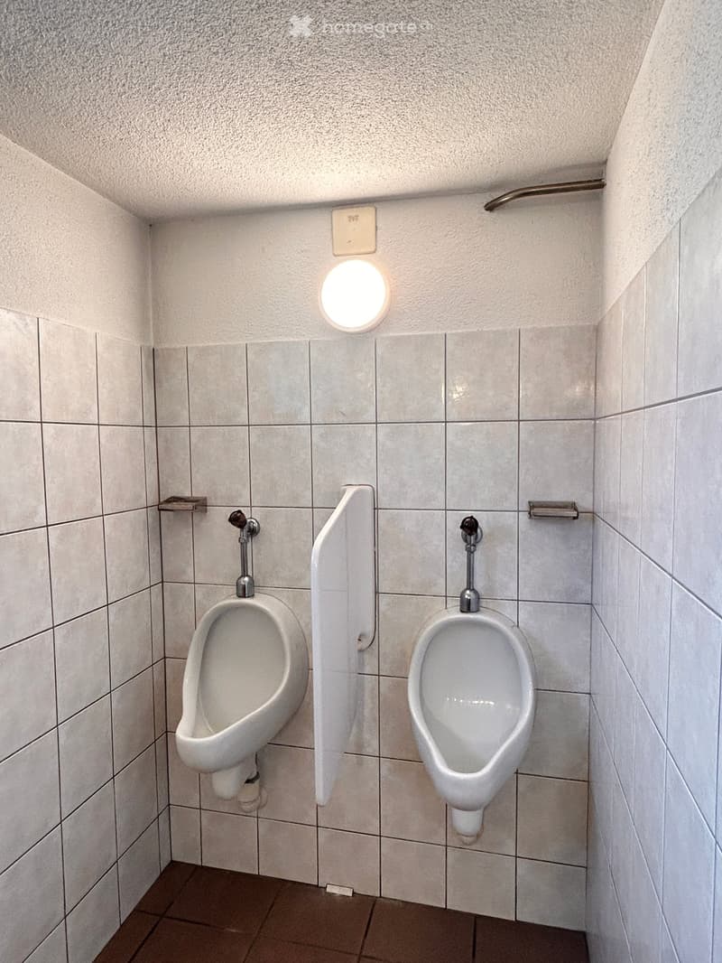 A bathroom containing two urinals installed on tiled walls, illuminated by a single round ceiling light.