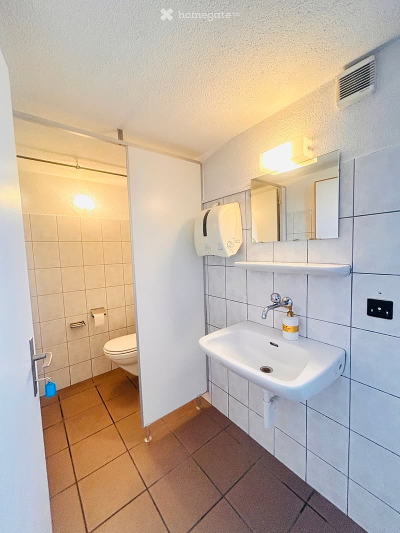 Bathroom with toilet, sink, mirror, towel dispenser, power outlet, ventilation, lights