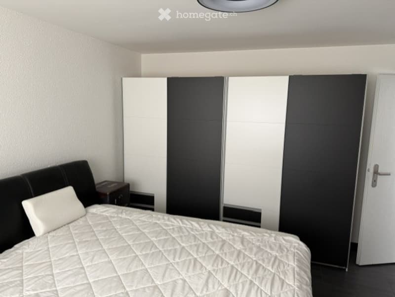 Bedroom. Modern bedroom with a white quilted bed, black headboard, a nightstand, and a large black and white wardrobe.