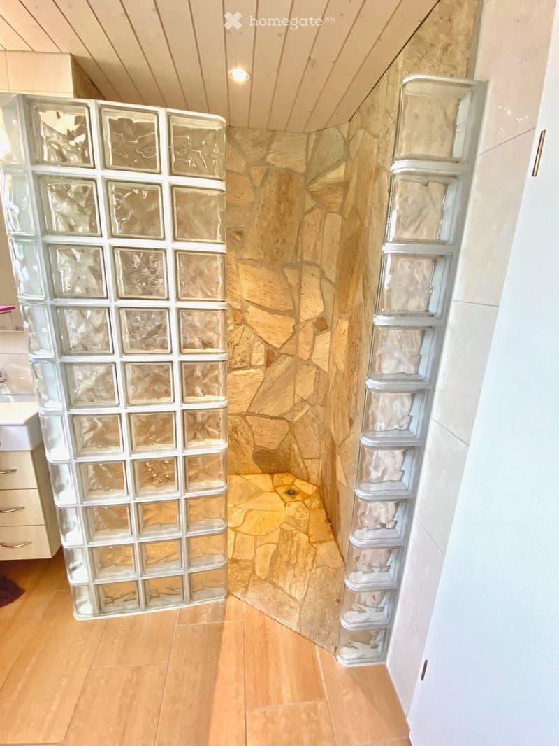 shower area with glass block walls, stone wall, wooden floor