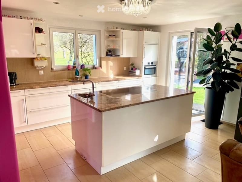 modern kitchen with white cabinets, pink island, granite countertop, stainless steel sink, faucet, potted plants, chandelier, tiled floor