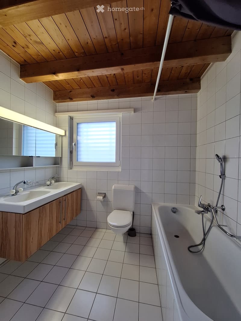 Bathroom with white tiles, wooden ceiling, double sink, toilet, bathtub, shower, mirror
