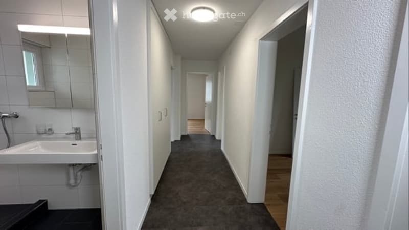 Empty hallway with white walls, gray floor, white sink, mirror, and light