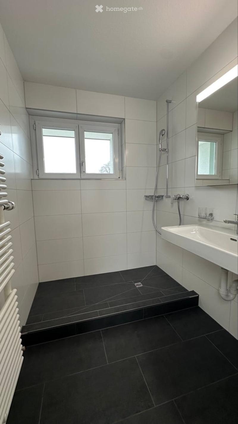 white tiles, black floor, white sink, shower, window, radiator