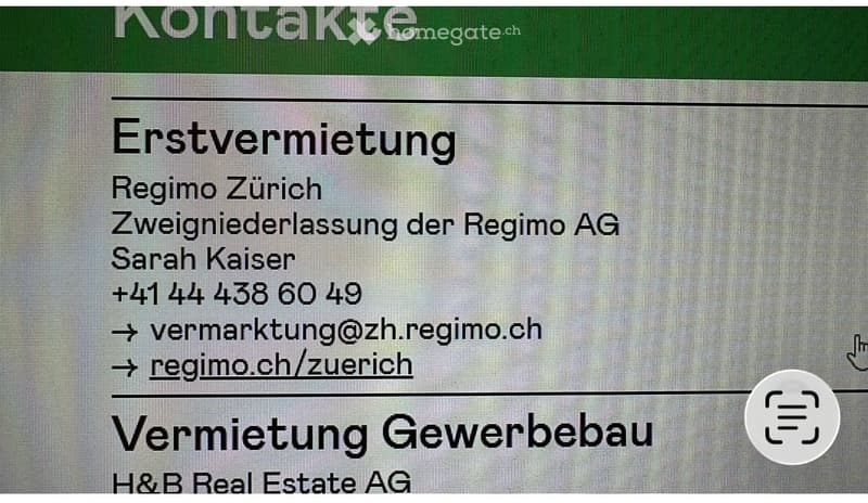 Contact information for Erstvermietung in Zurich, contact person Sarah Kaiser, phone number, email, and website.