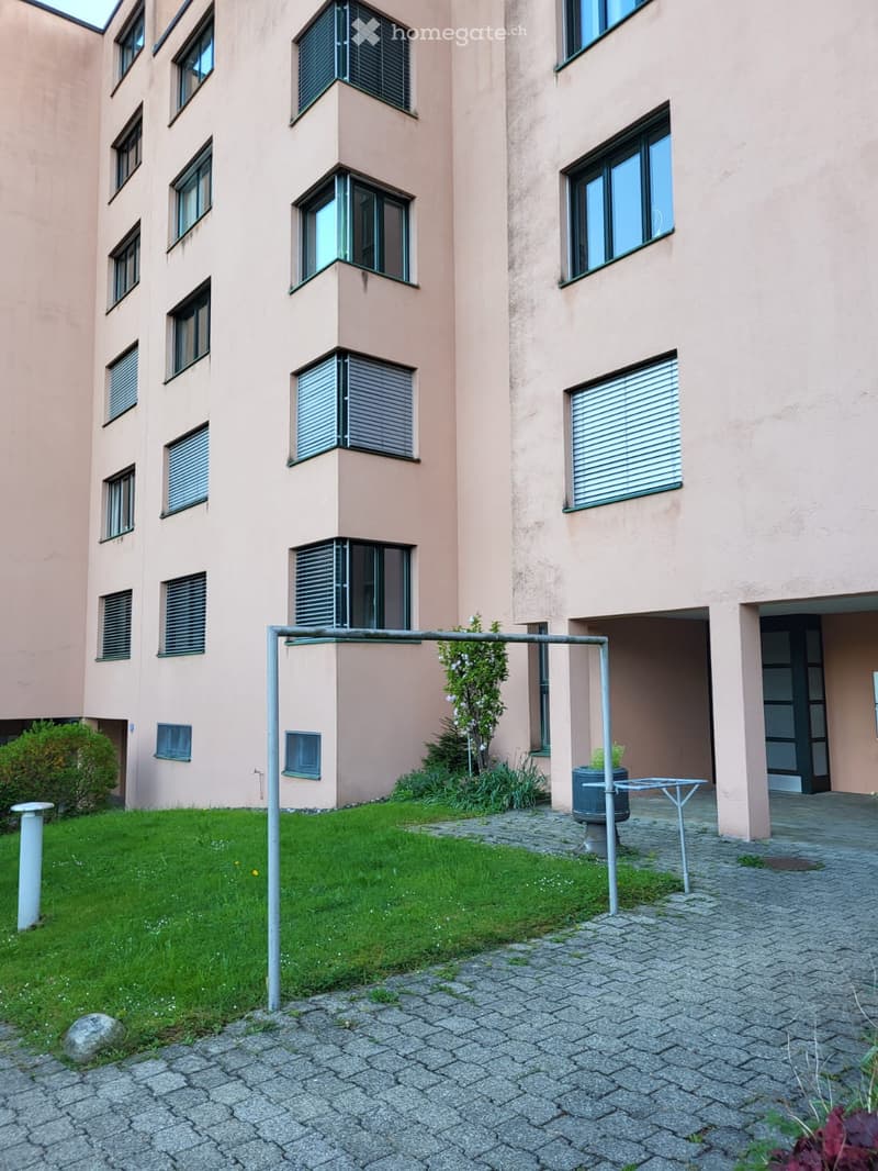 Courtyard area with a grassy patch, paved walkway, small plants, and a metal structure, adjacent to a multi-story building with numerous windows and shutters.