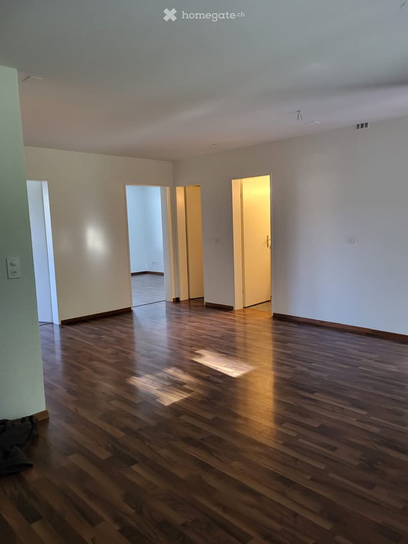 Empty room with wooden flooring and white walls, featuring several open doors leading to other spaces.
