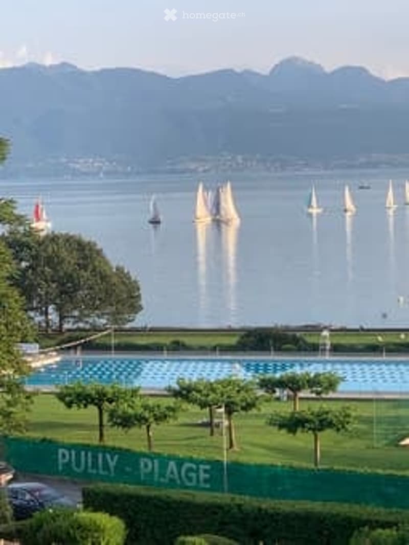 Outdoor swimming pool, green lawn, trees, mountains, lake, sailboats