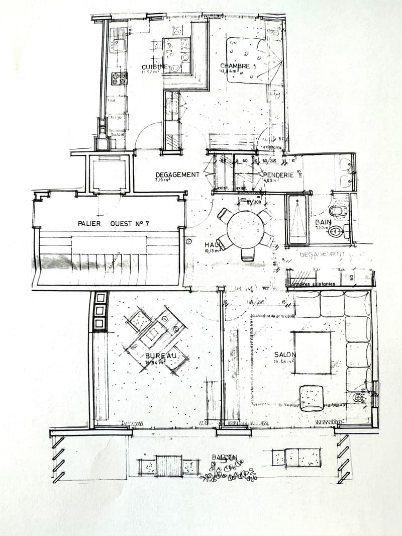A two-story house with a kitchen, living room, hall, bedroom, storage, bathroom, bureau, and salon.