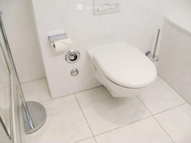 Modern white tiled bathroom with corner toilet, shower enclosure, and white fixtures