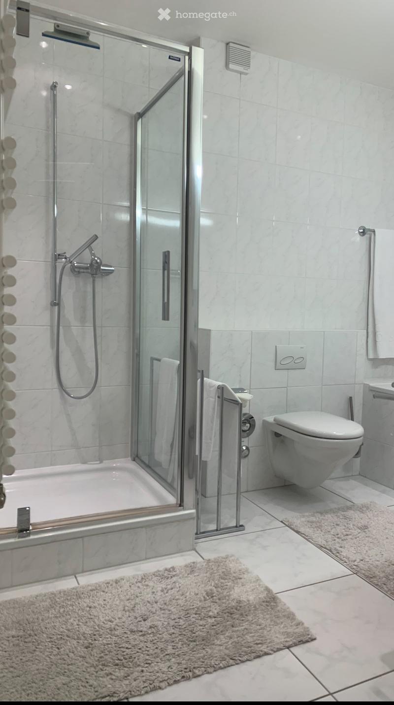 white tiled shower with silver fittings, toilet, towel racks, beige rugs