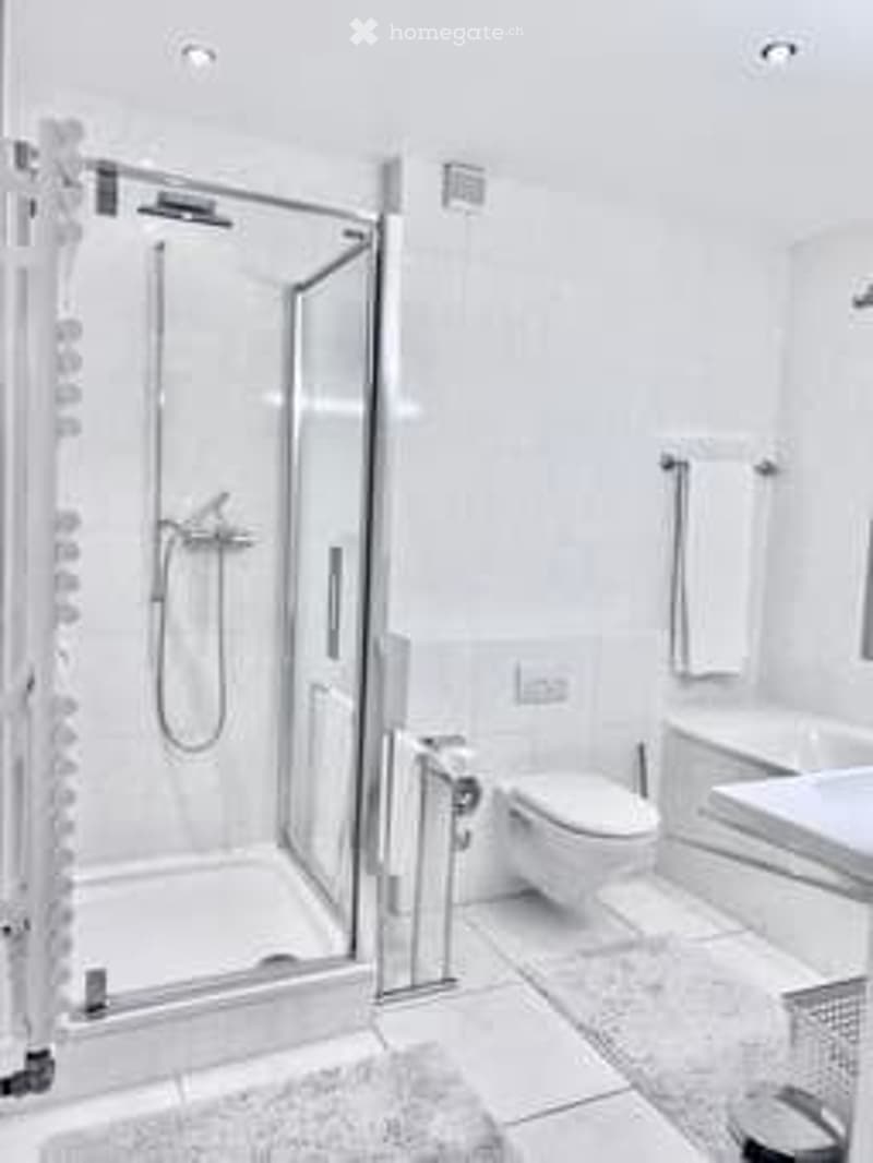 modern white bathroom, glass shower enclosure, white ceramic tiles, white toilet, white basin, towel racks
