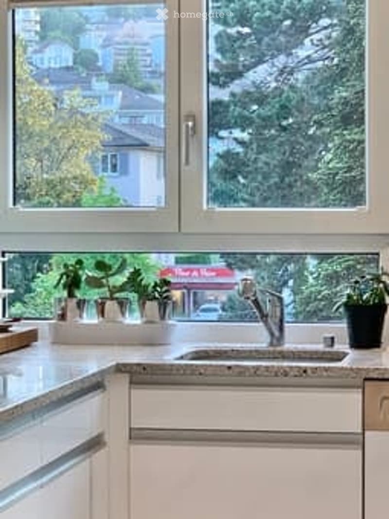 modern kitchen with white cabinets, granite countertops, sink with faucet, window with view, potted plants