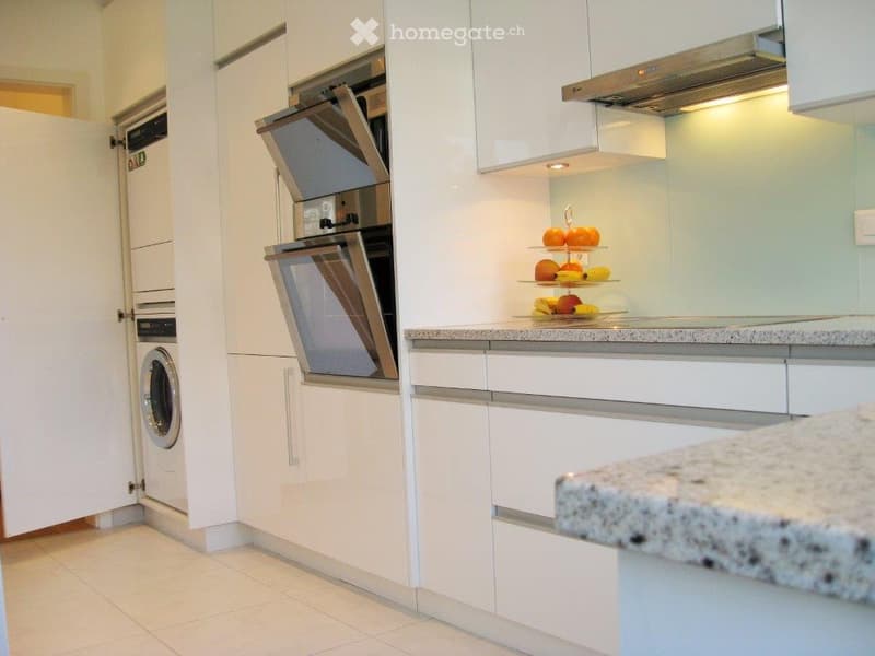 modern kitchen with white cabinets, granite countertops, built-in oven, dishwasher, washing machine, exhaust hood, countertop fruit display