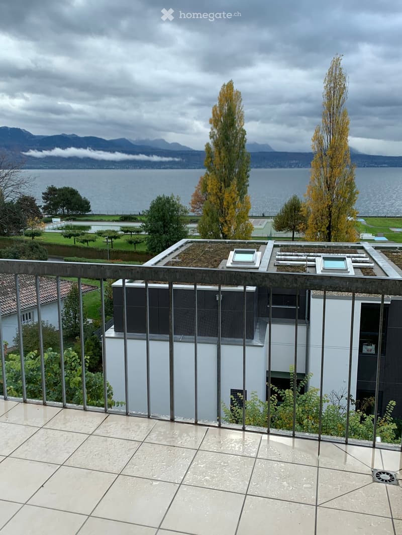 Modern house with a rooftop terrace overlooking the lake, metal railings, white tiled floor