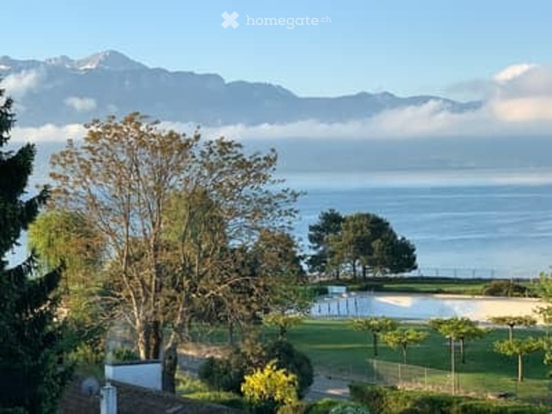 Garden with trees, plants, and a view of the sea and mountains