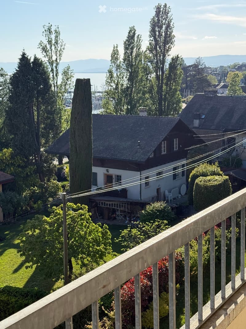 View from a balcony with a railing, overlooking a house with a garden and a lake in the distance.